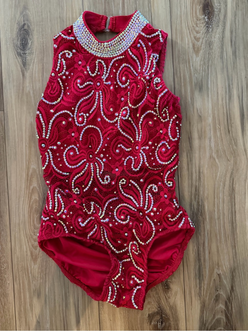 Girls Red High-Neck Sequin Dance Leotard